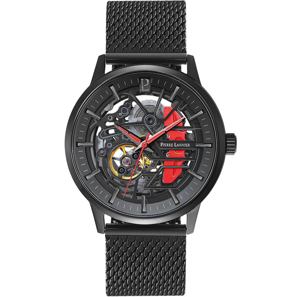 PIERRE LANNIER Men Automatic Watch PADDOCK Black Dial Black Milanese stainless steel 22MM Strap 338A439