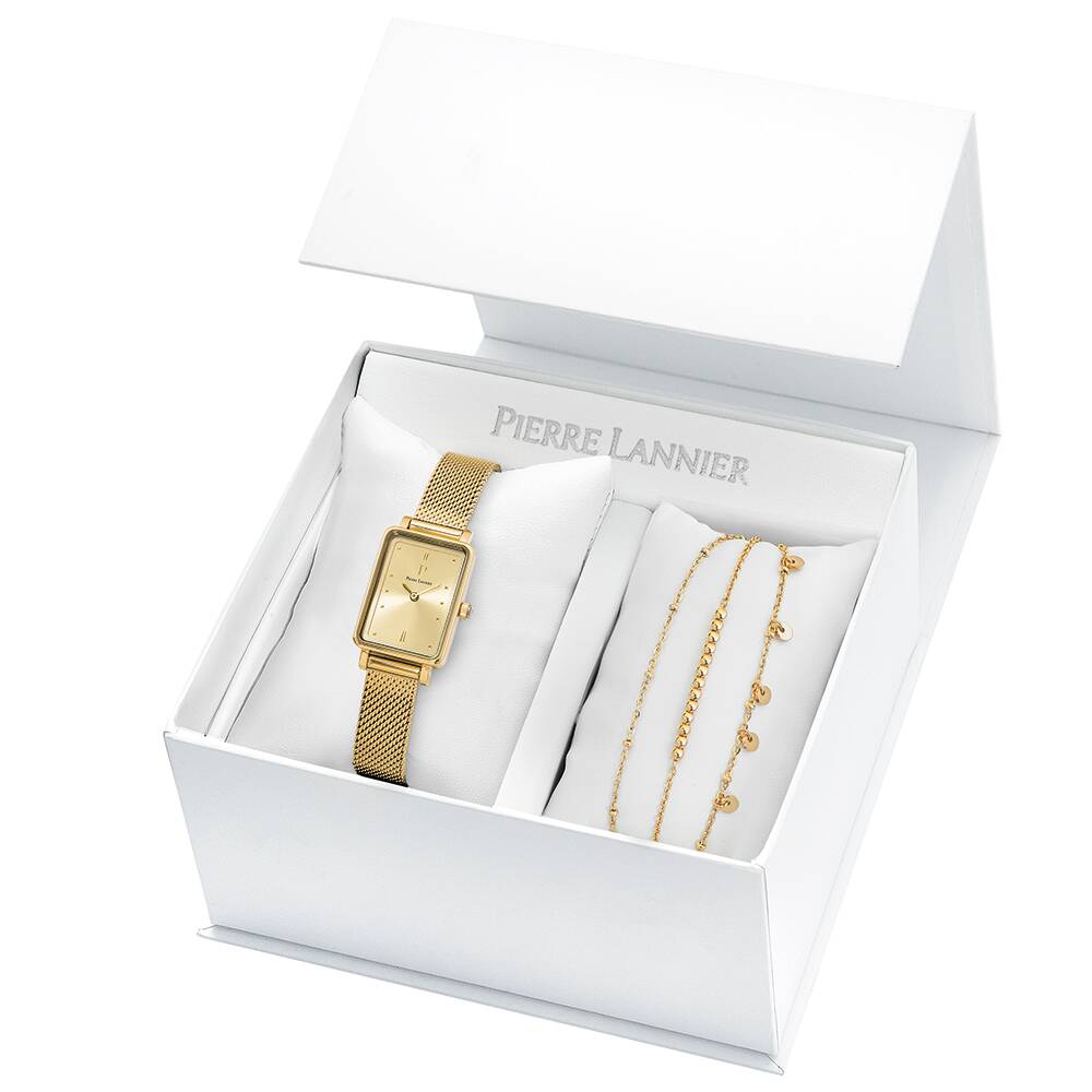PIERRE LANNIER Ladies Set ARIANE Sunray Gold Dial Gold Milanese stainless steel 12MM Strap 356G542