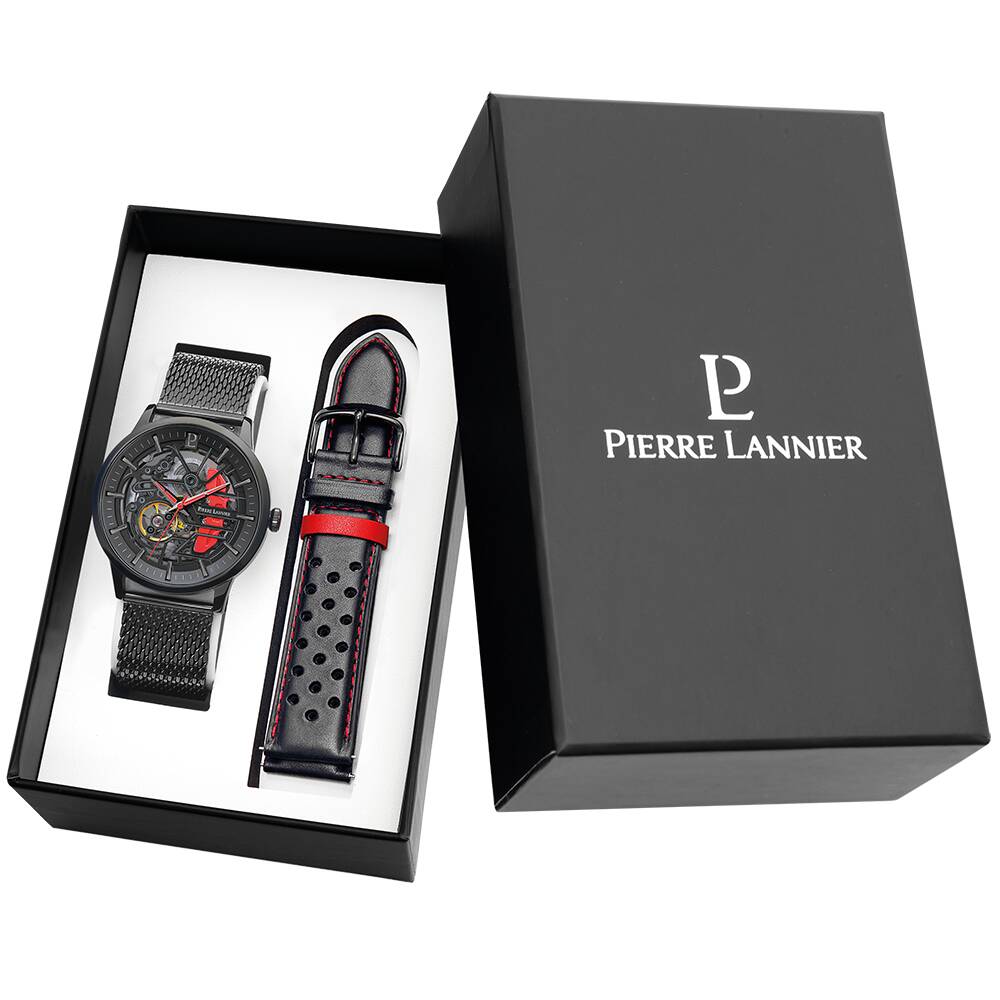 PIERRE LANNIER Men Set PADDOCK Black Dial Black Perforated leather 22MM Strap 385C439