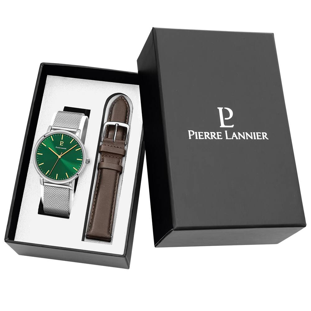 PIERRE LANNIER Men Set ESSENTIAL Sunray Green Dial Silver Milanese stainless steel 20MM Strap 386C171