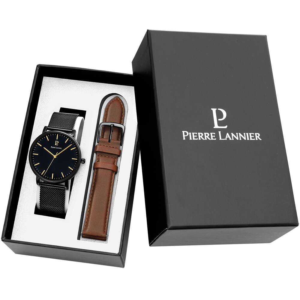 PIERRE LANNIER Men Set ESSENTIAL Black Dial Brown Milanese stainless steel 20MM Strap 388C439
