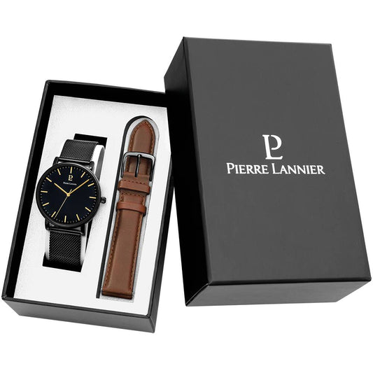 PIERRE LANNIER Men Set ESSENTIAL Black Dial Brown Milanese stainless steel 20MM Strap 388C439