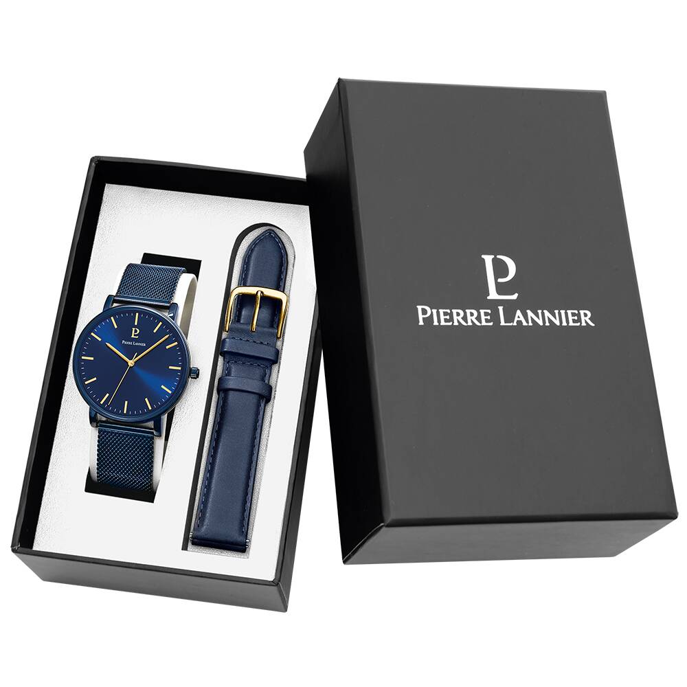 PIERRE LANNIER Men Set ESSENTIAL Sunray Blue Dial Blue Milanese stainless steel 20MM Strap 388C466