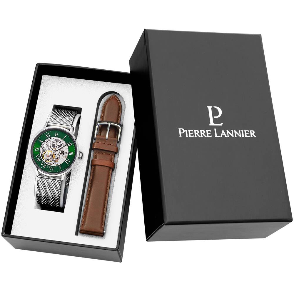 PIERRE LANNIER Men Set AUTOMATIC Sunray Green Dial Silver Milanese stainless steel 20MM Strap 390C171