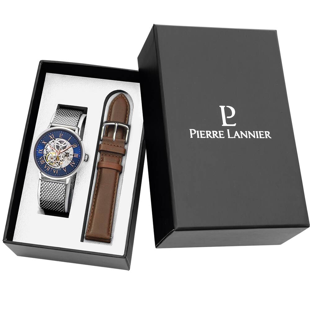 PIERRE LANNIER Men Set AUTOMATIC Sunray Blue Dial Silver Milanese stainless steel 20MM Strap 391C168