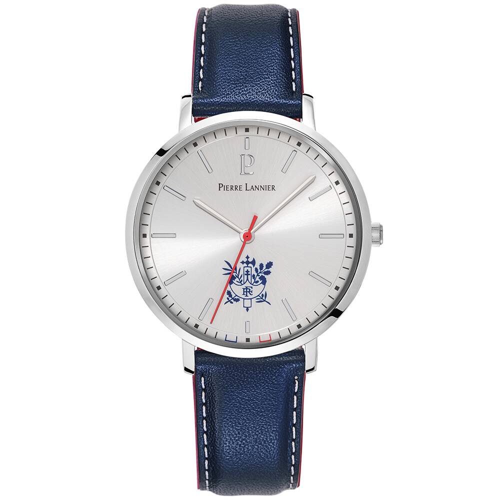 PIERRE LANNIER Men Quartz Watch ÉLYSÉE PRÉSIDENCE DE LA RÉPUBLIQUE  Sunray Silver Dial Blue Leather 18MM Strap 454D126