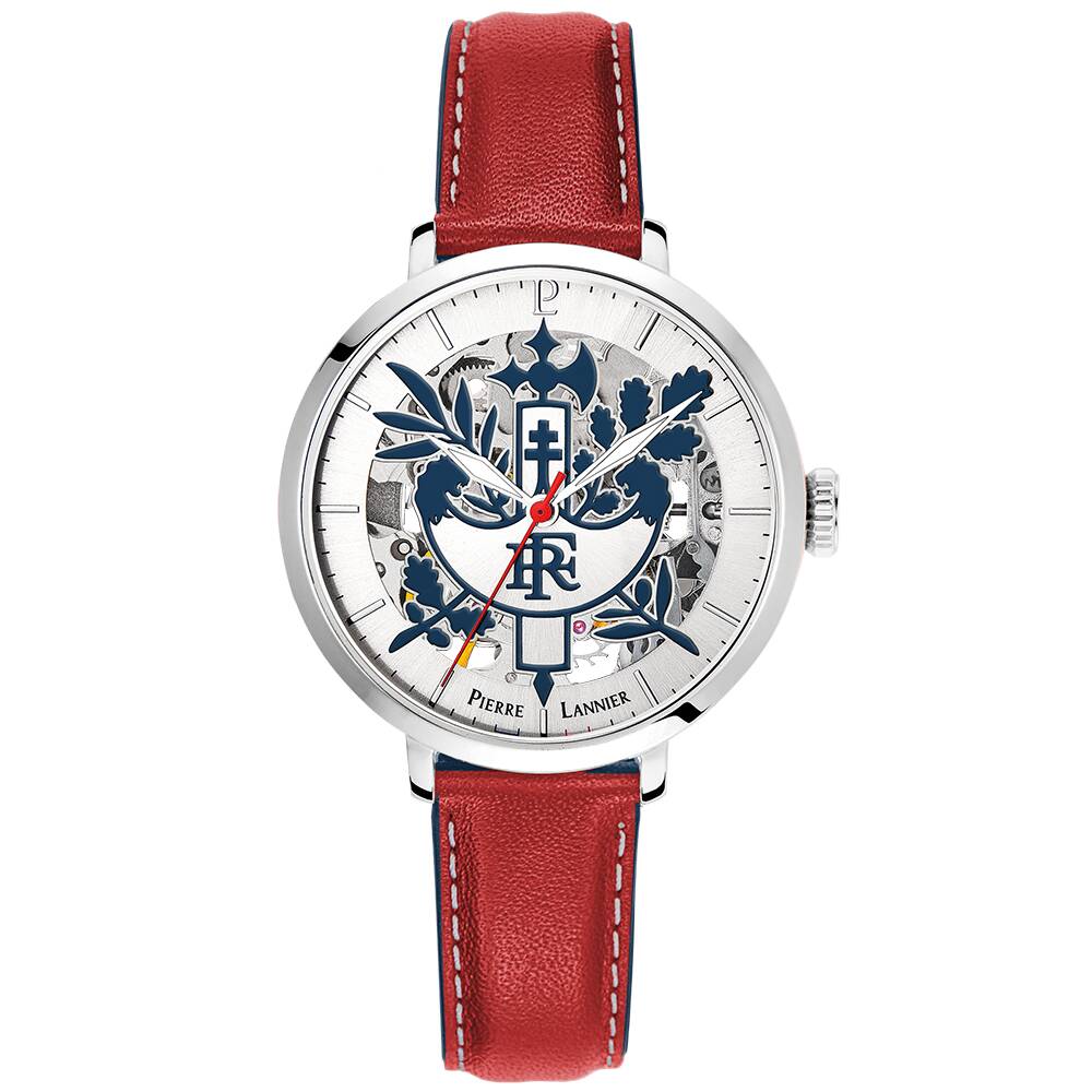 PIERRE LANNIER Ladies Automatic Watch ÉLYSÉE PRÉSIDENCE DE LA RÉPUBLIQUE Sunray Silver Dial Red Leather 14MM Strap 455F625