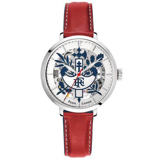 PIERRE LANNIER Ladies Automatic Watch ÉLYSÉE PRÉSIDENCE DE LA RÉPUBLIQUE Sunray Silver Dial Red Leather 14MM Strap 455F625