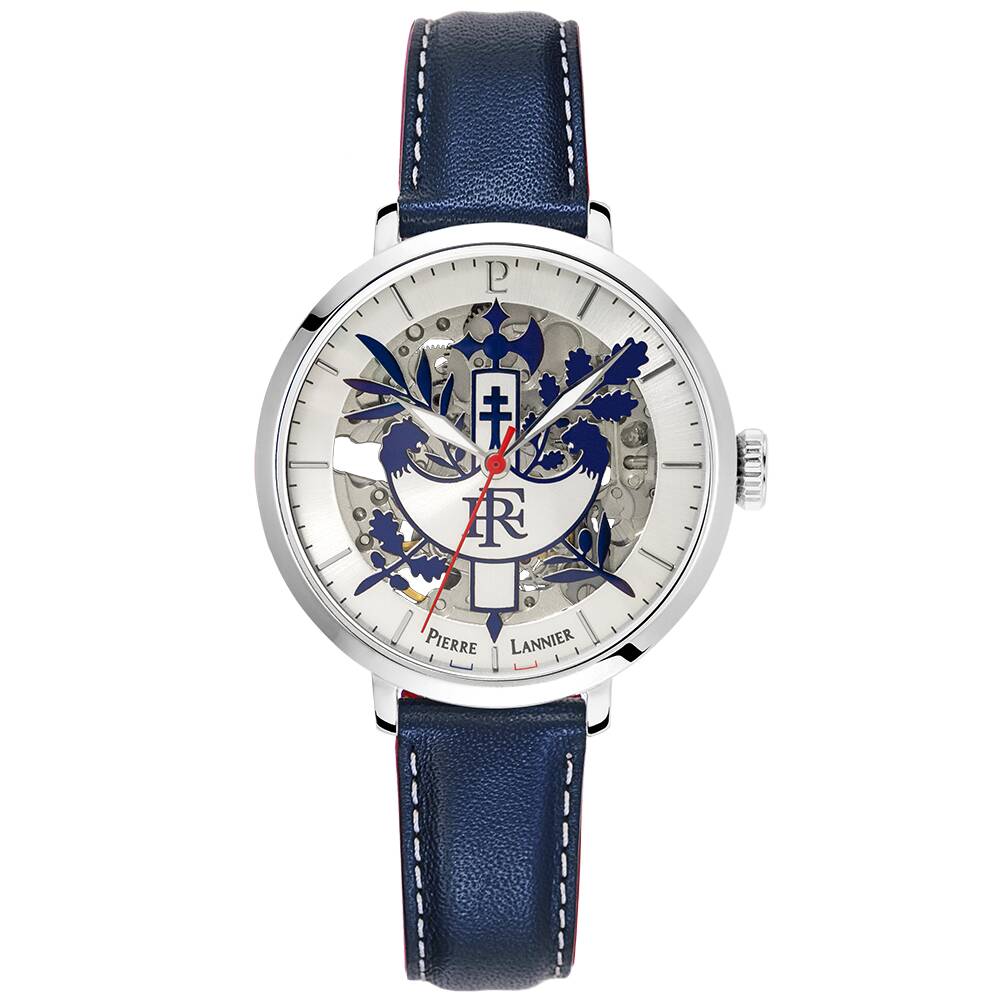 PIERRE LANNIER Ladies Automatic Watch ÉLYSÉE PRÉSIDENCE DE LA RÉPUBLIQUE Sunray Silver Dial Blue Leather 14MM Strap 455F626
