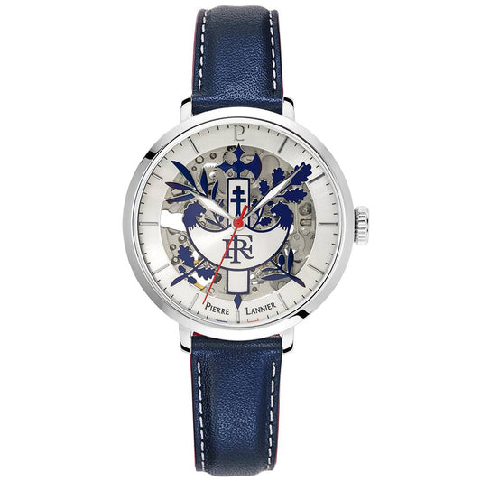 PIERRE LANNIER Ladies Automatic Watch ÉLYSÉE PRÉSIDENCE DE LA RÉPUBLIQUE Sunray Silver Dial Blue Leather 14MM Strap 455F626