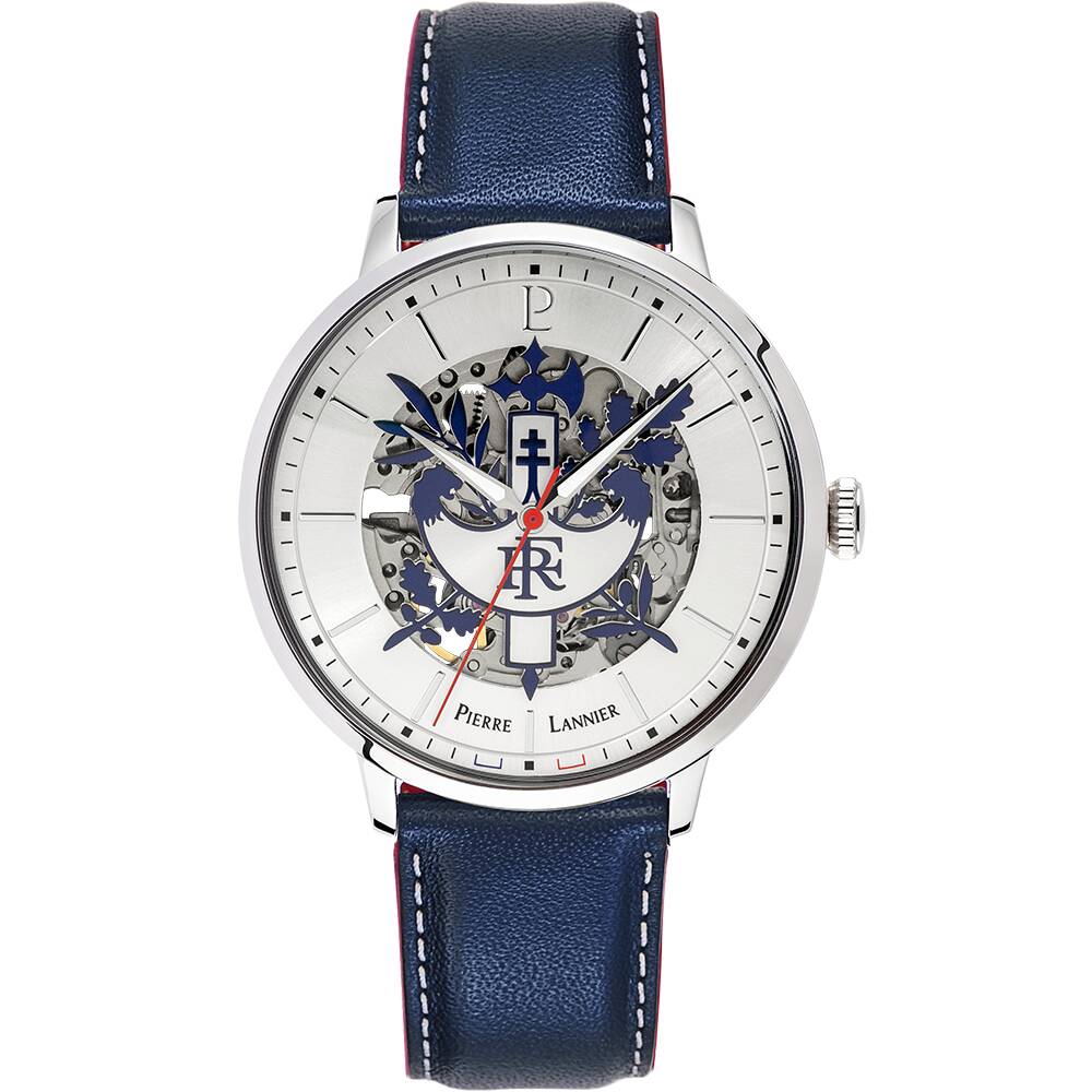 PIERRE LANNIER Men Automatic Watch ÉLYSÉE PRÉSIDENCE DE LA RÉPUBLIQUE Sunray Silver Dial Blue Leather 20MM Strap 456D126