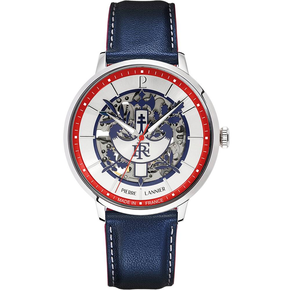 PIERRE LANNIER Men Automatic Watch ÉLYSÉE PRÉSIDENCE DE LA RÉPUBLIQUE Sunray Silver Dial Blue Leather 20MM Strap 456D196