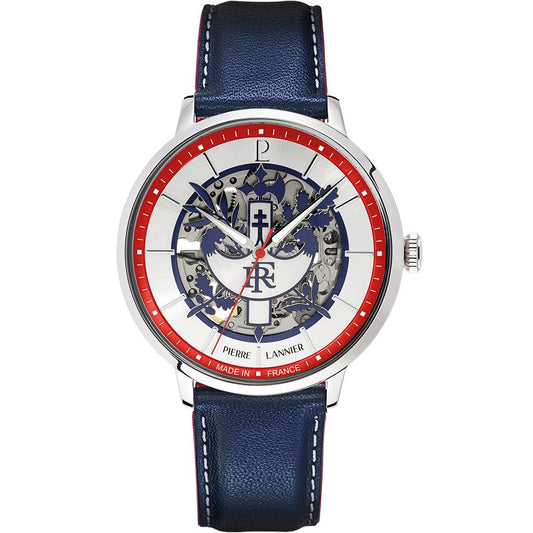 PIERRE LANNIER Men Automatic Watch ÉLYSÉE PRÉSIDENCE DE LA RÉPUBLIQUE Sunray Silver Dial Blue Leather 20MM Strap 456D196