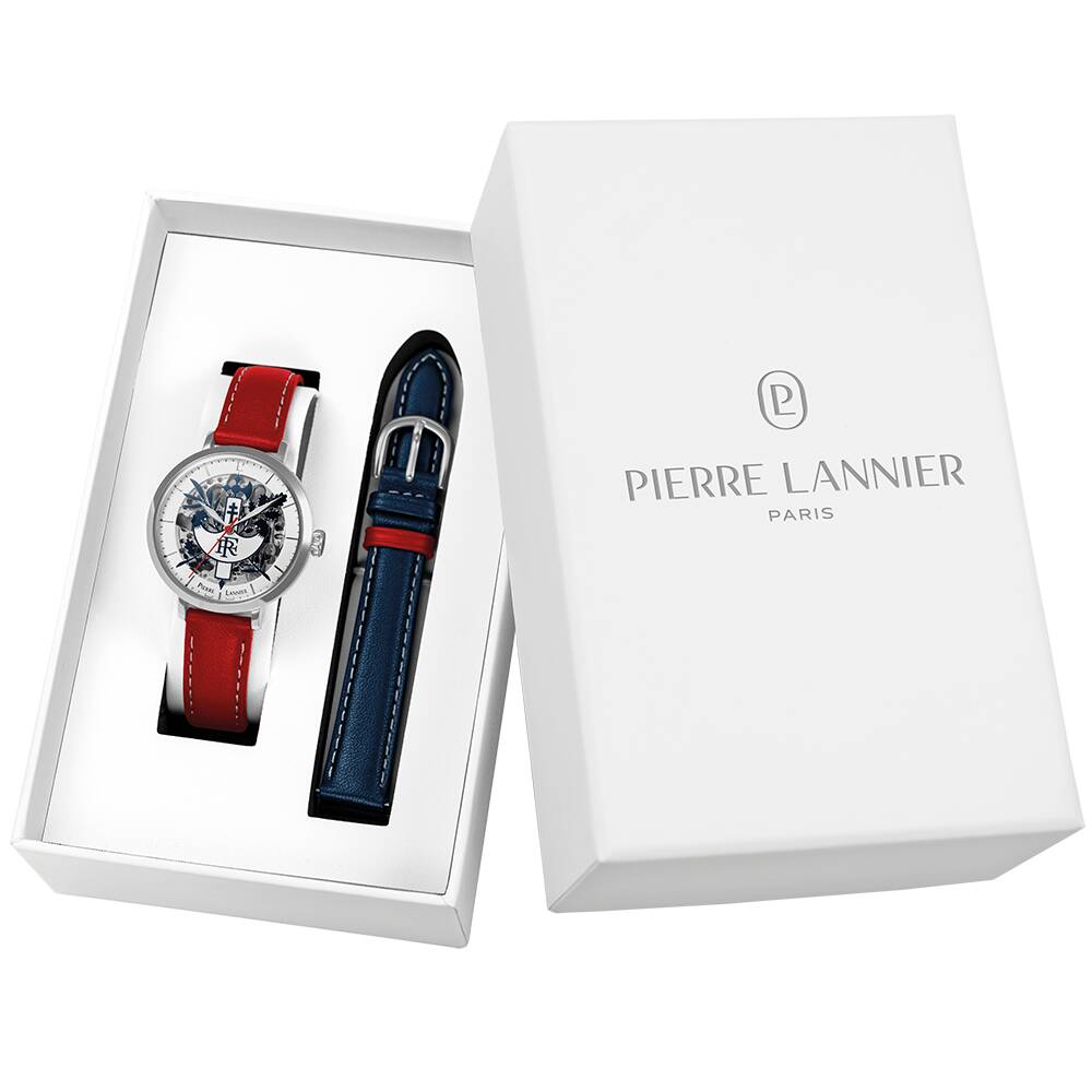 PIERRE LANNIER Ladies Set ÉLYSÉE PRÉSIDENCE DE LA RÉPUBLIQUE Sunray Silver Dial Red Leather 14MM Strap 457G625