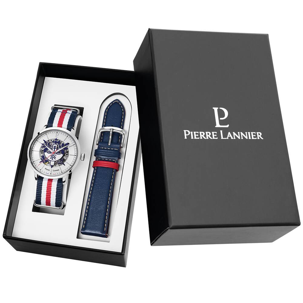 PIERRE LANNIER Men Set ÉLYSÉE PRÉSIDENCE DE LA RÉPUBLIQUE Sunray Silver Dial Multicoloured Nylon 20MM Strap 459C129