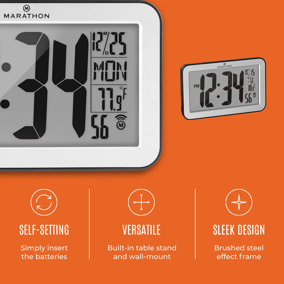 Marathon Self-Setting Wall Clock With 8 Time Zones - Silver (with Black Outline)