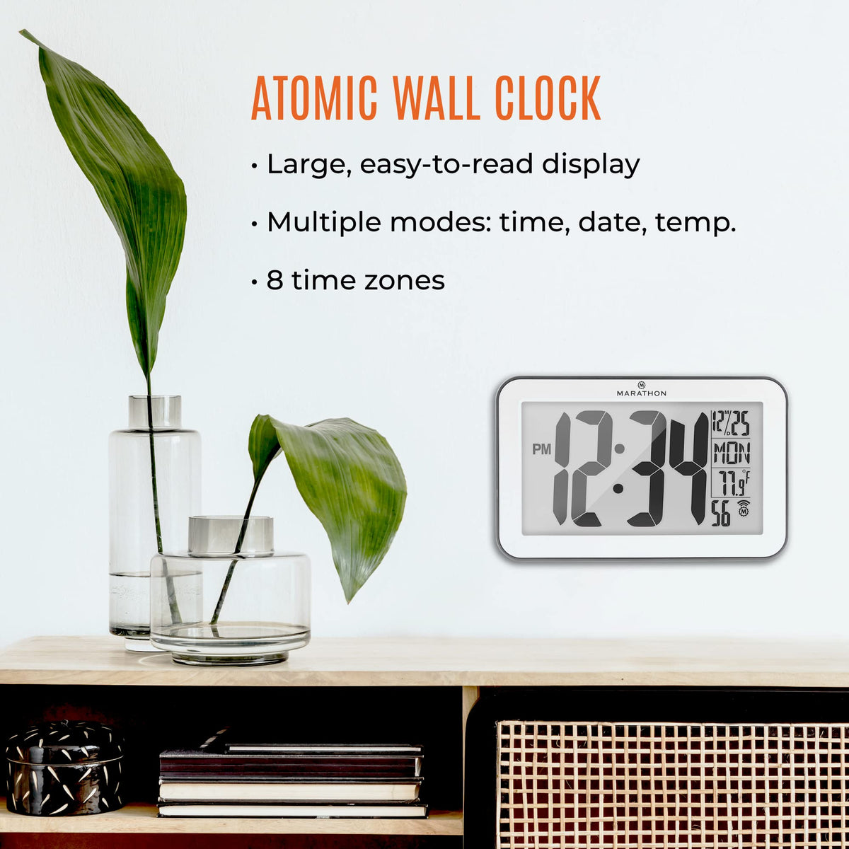 Marathon Self-Setting Wall Clock With 8 Time Zones - Silver (with Black Outline)