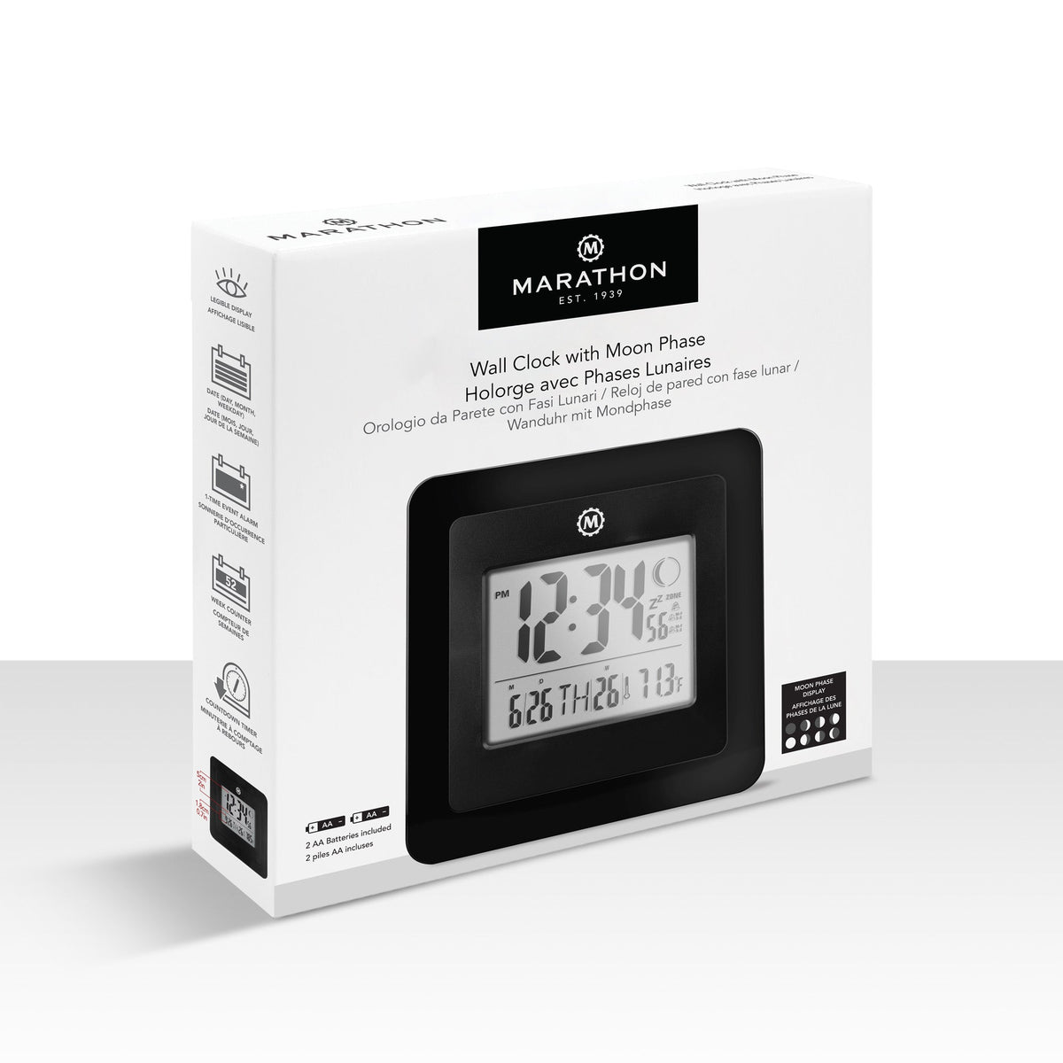 Marathon BASICS Digital Wall Clock with Moon Phase - Black