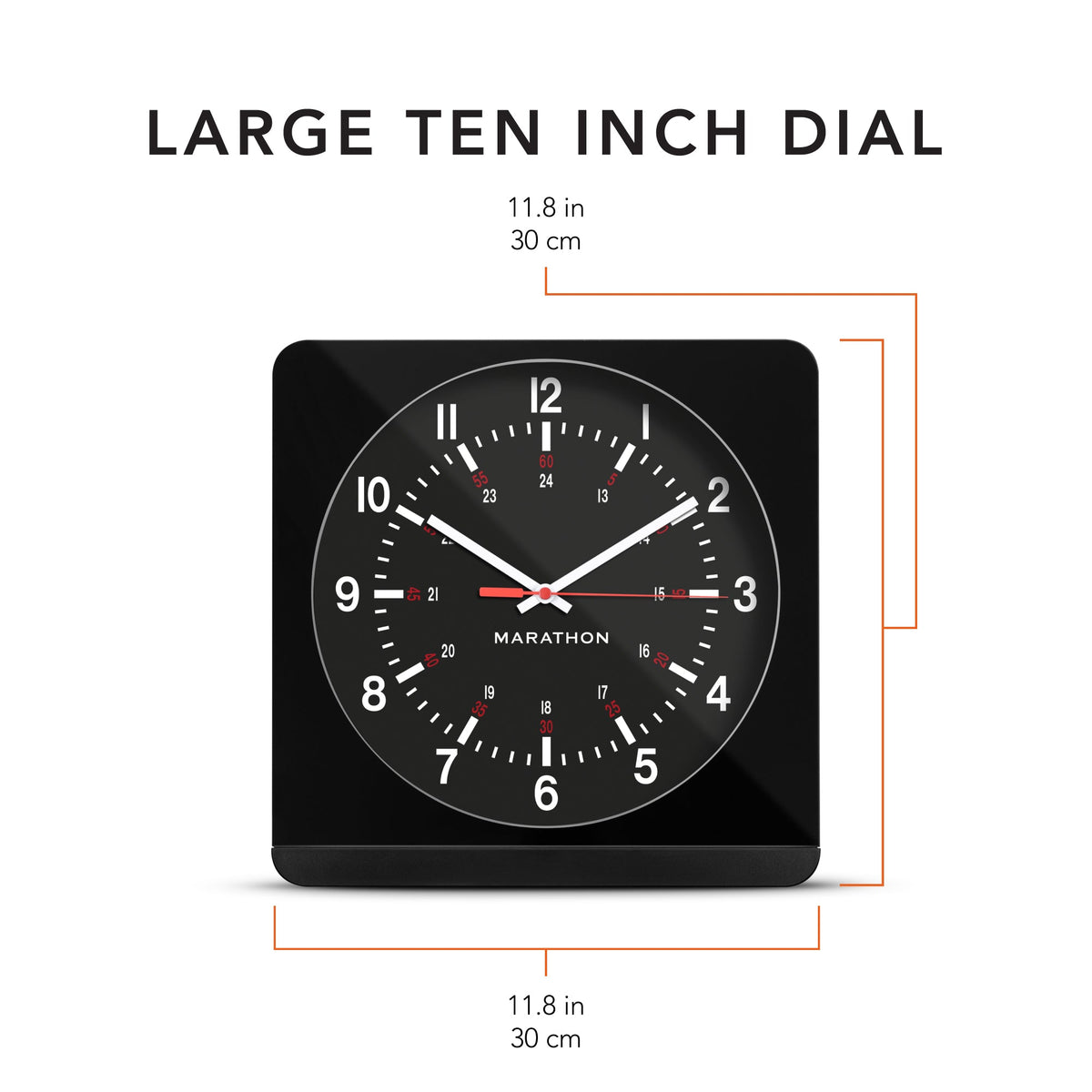 Marathon Jumbo 12 Inch Analog Wall Clock with Auto Backlight - Black Case/Black Dial