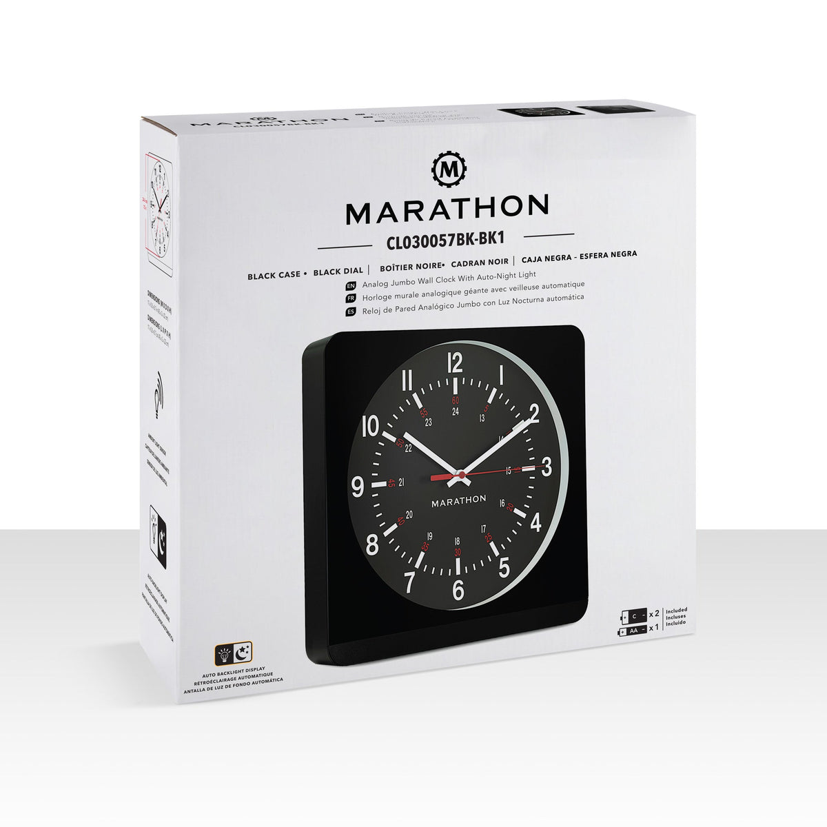 Marathon Jumbo 12 Inch Analog Wall Clock with Auto Backlight - Black Case/Black Dial
