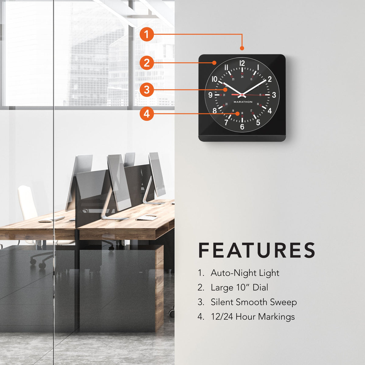 Marathon Jumbo 12 Inch Analog Wall Clock with Auto Backlight - Black Case/Black Dial