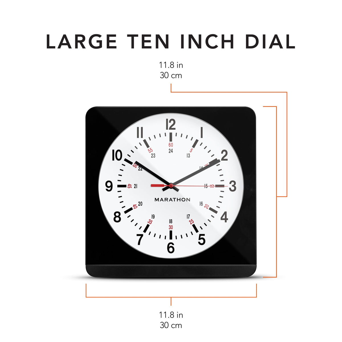 Marathon Jumbo 12 Inch Analog Wall Clock with Auto Backlight - Black Case/White Dial