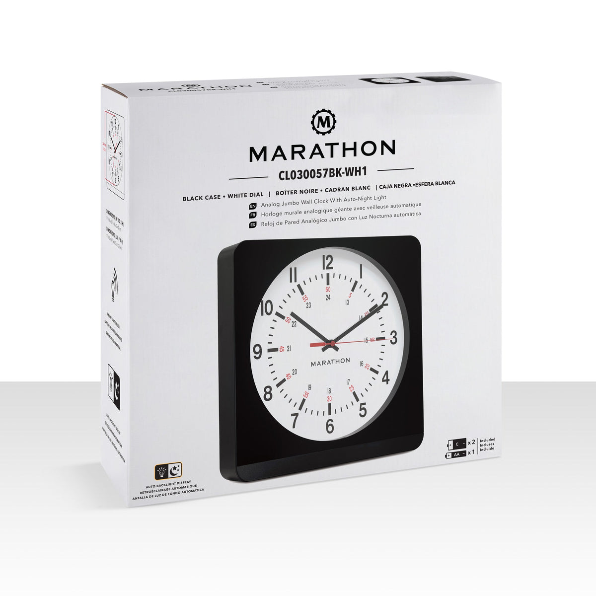 Marathon Jumbo 12 Inch Analog Wall Clock with Auto Backlight - Black Case/White Dial