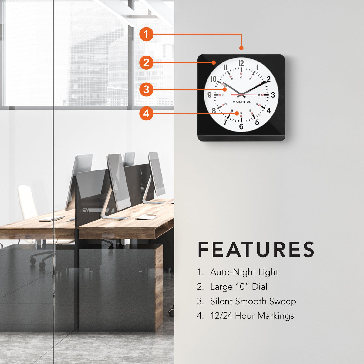 Marathon Jumbo 12 Inch Analog Wall Clock with Auto Backlight - Black Case/White Dial