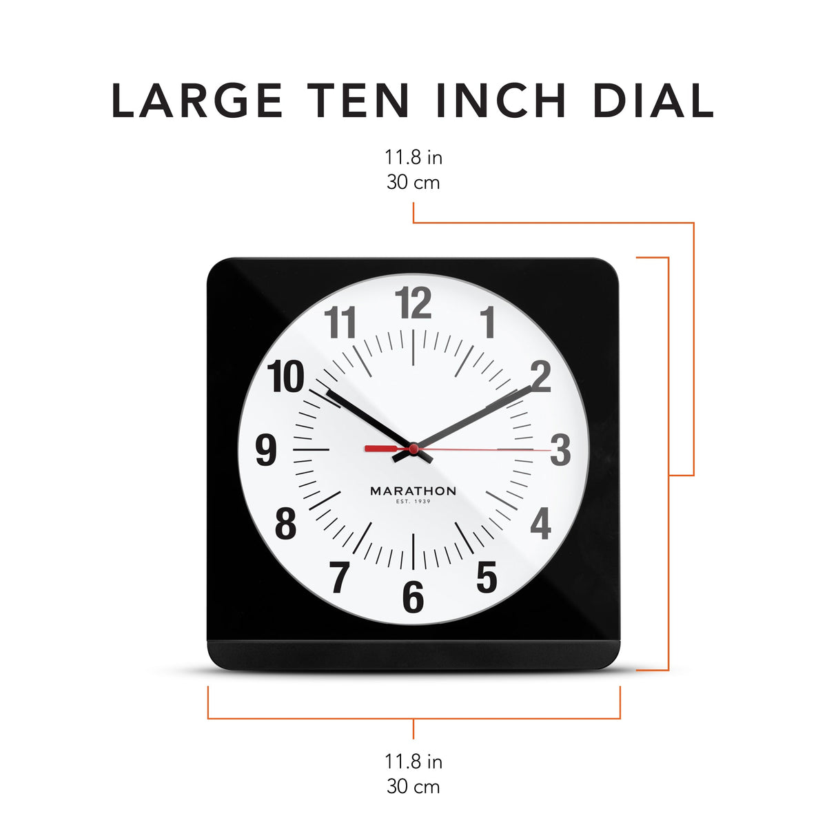 Marathon Studio Edition Jumbo 12 Inch Analog Wall Clock with Auto Backlight - Black