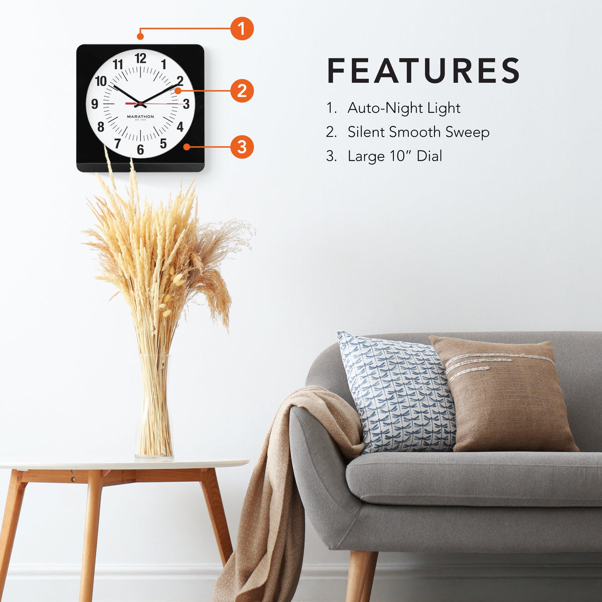 Marathon Studio Edition Jumbo 12 Inch Analog Wall Clock with Auto Backlight - Black