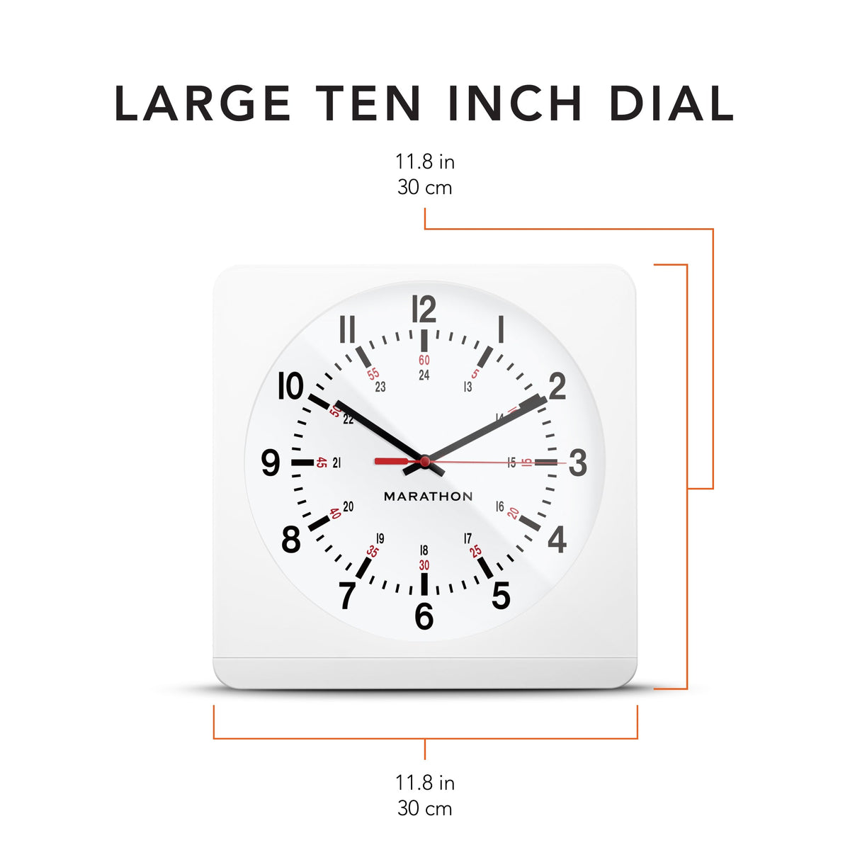 Marathon Jumbo 12 Inch Analog Wall Clock with Auto Backlight - White Case/White Dial