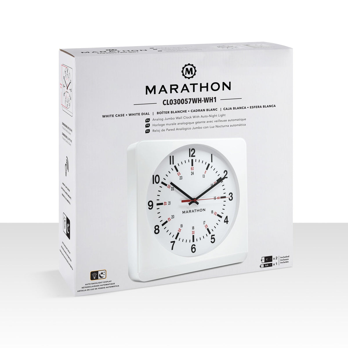 Marathon Jumbo 12 Inch Analog Wall Clock with Auto Backlight - White Case/White Dial