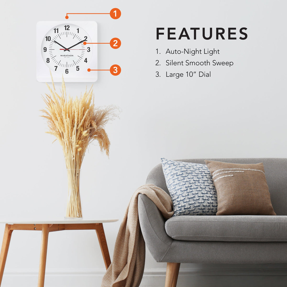 Marathon Studio Edition Jumbo 12 Inch Analog Wall Clock with Auto Backlight - White