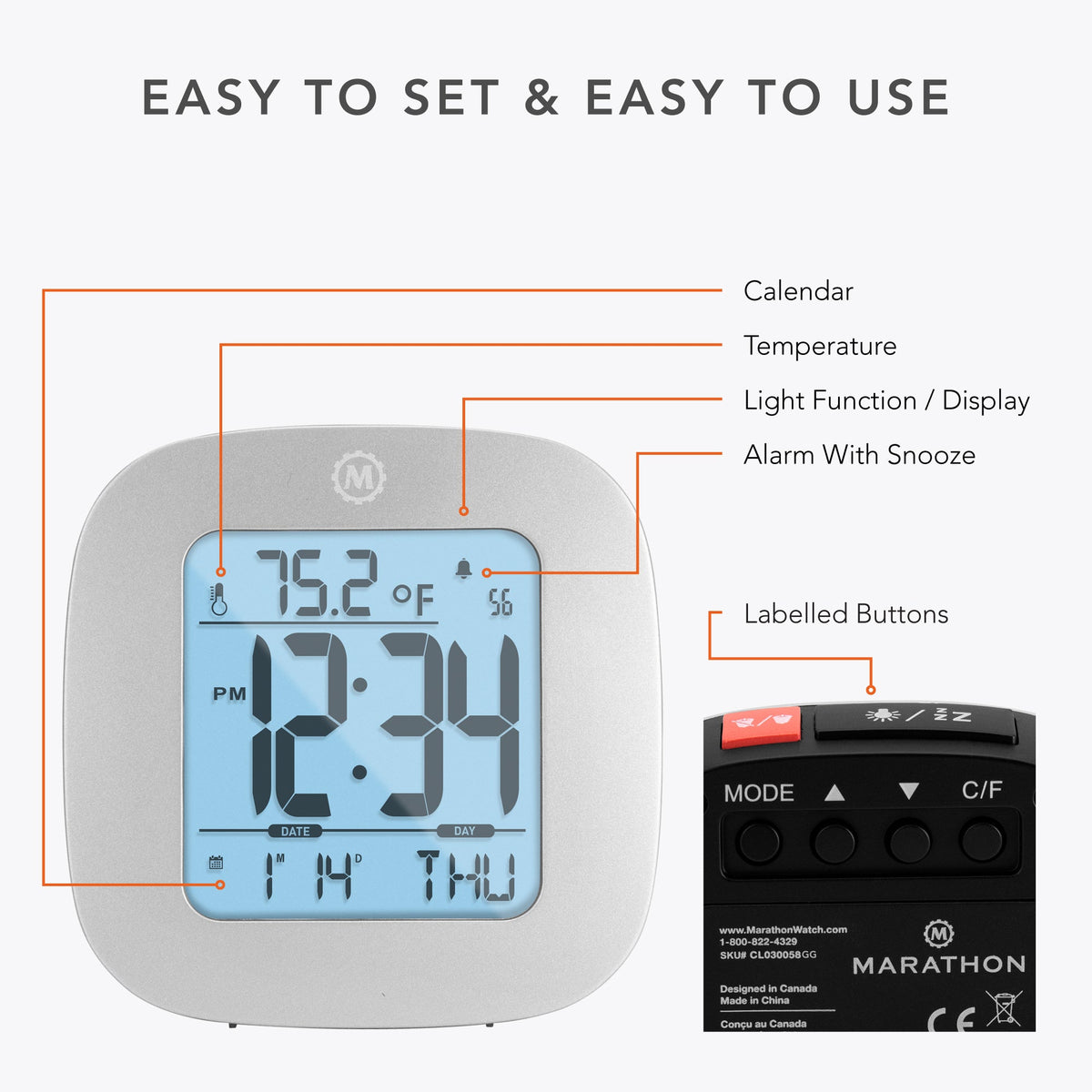 Marathon Clock, LCD, Alarm, Mini, Graphite Grey (25/50)