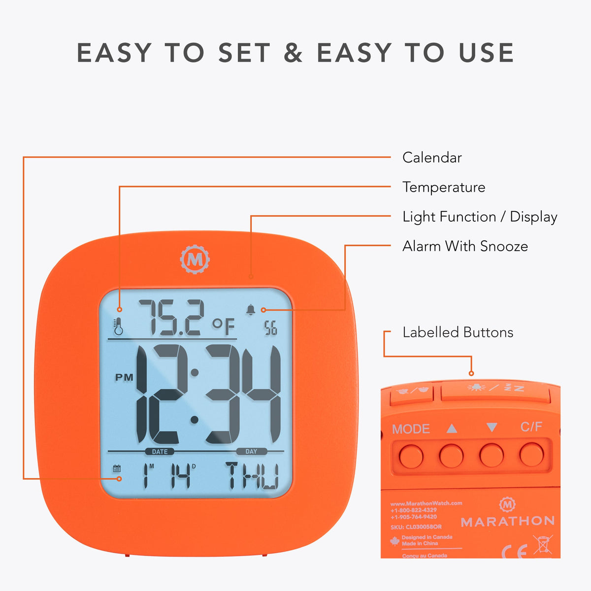 Marathon Compact Alarm Clock with Temperature and Date - Orange