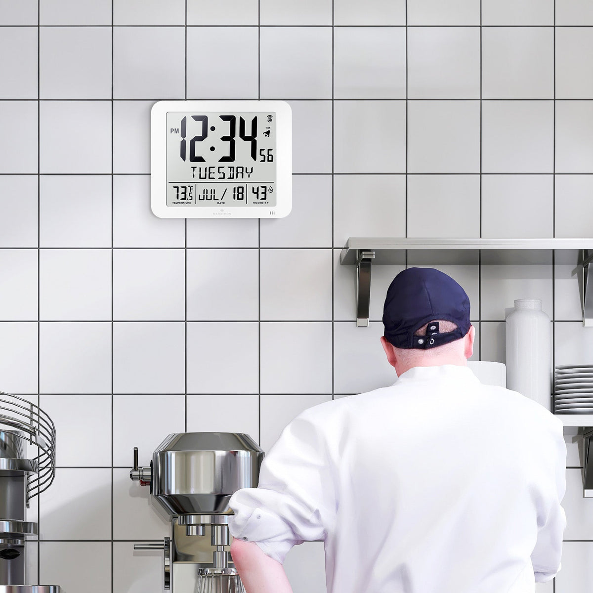 Marathon Slim Self-Setting Wall Clock with Full Calendar Display, Temperature & Humidity