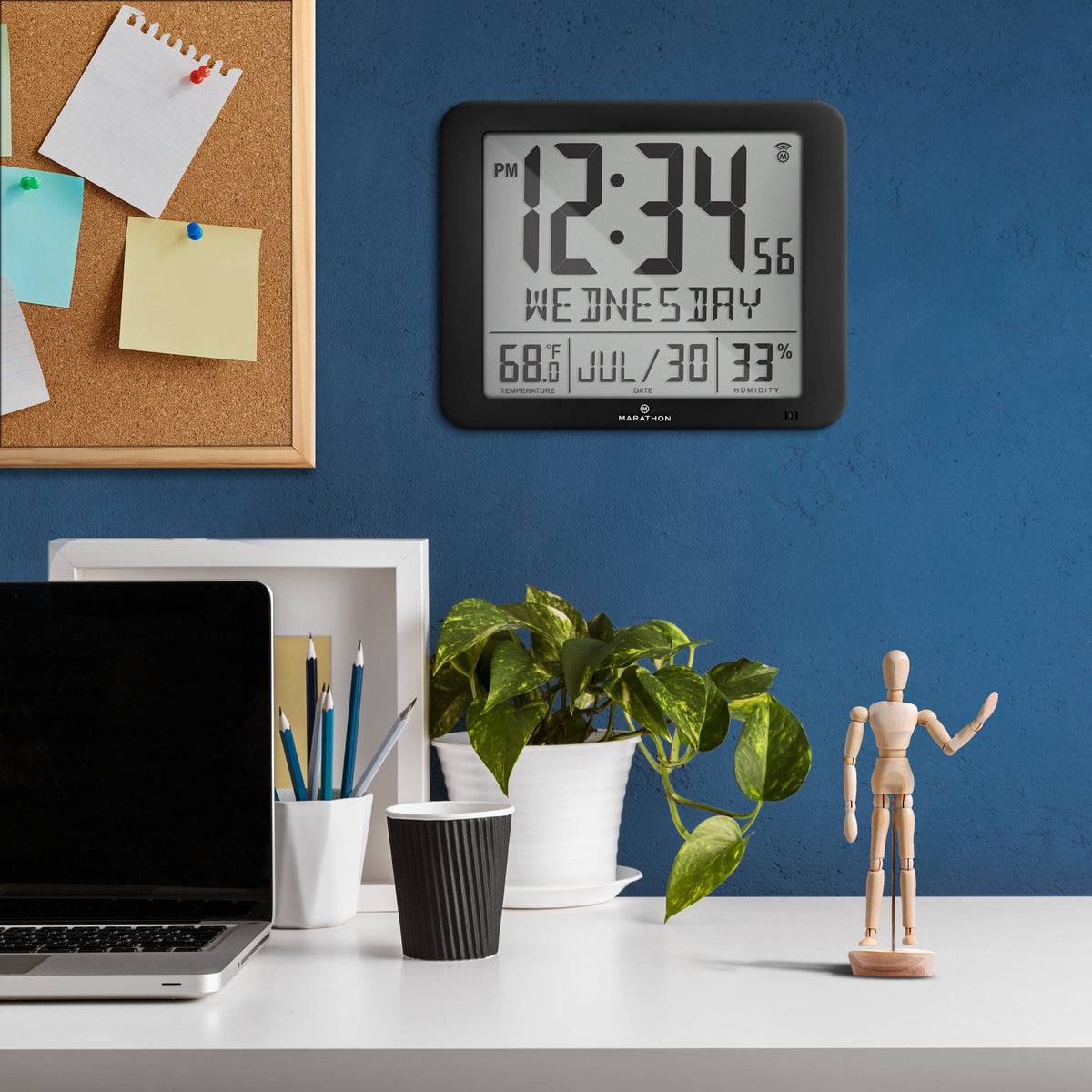 Marathon Slim Self-Setting Wall Clock with Full Calendar Display, Temperature & Humidity