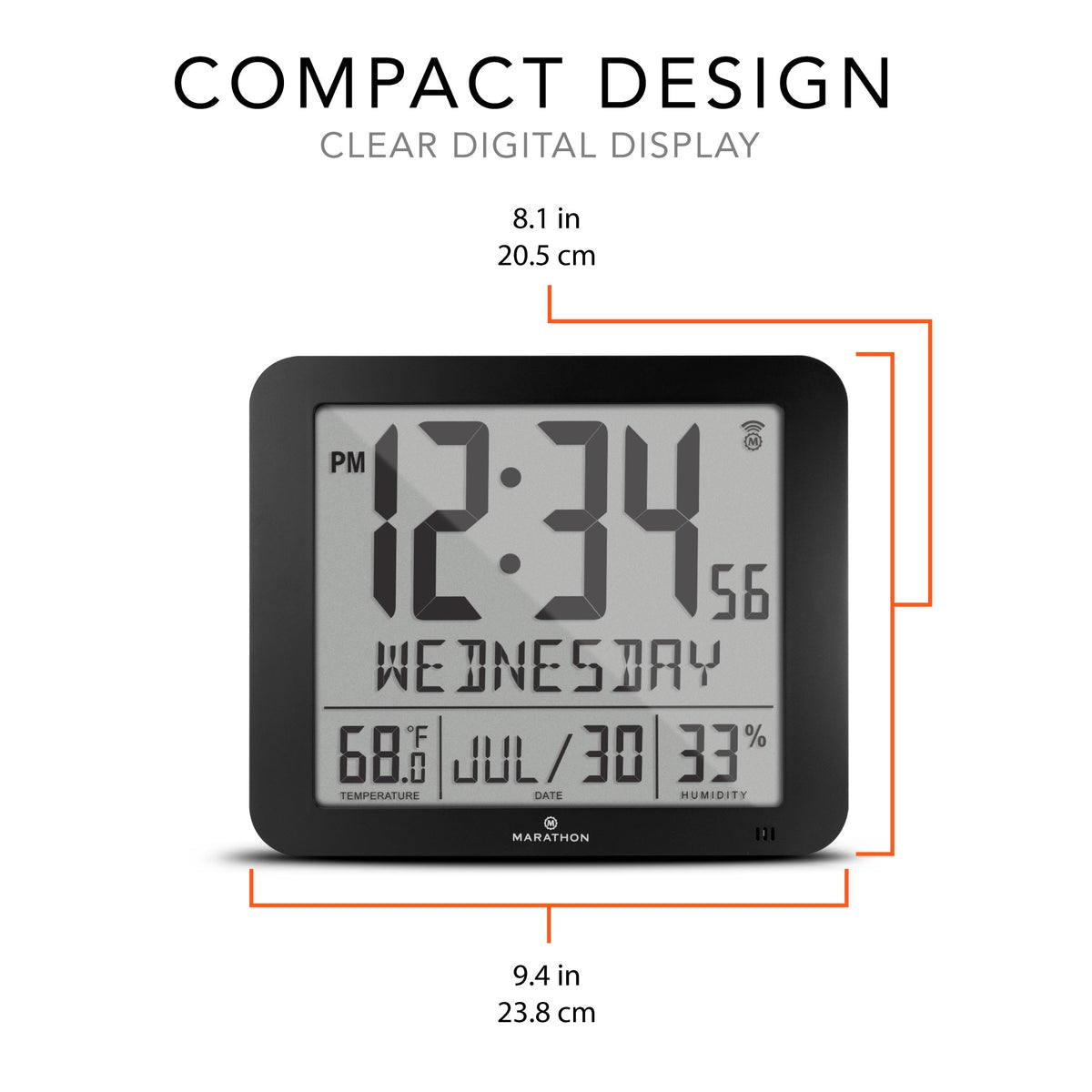 Marathon Slim Self-Setting Wall Clock with Full Calendar Display, Temperature & Humidity