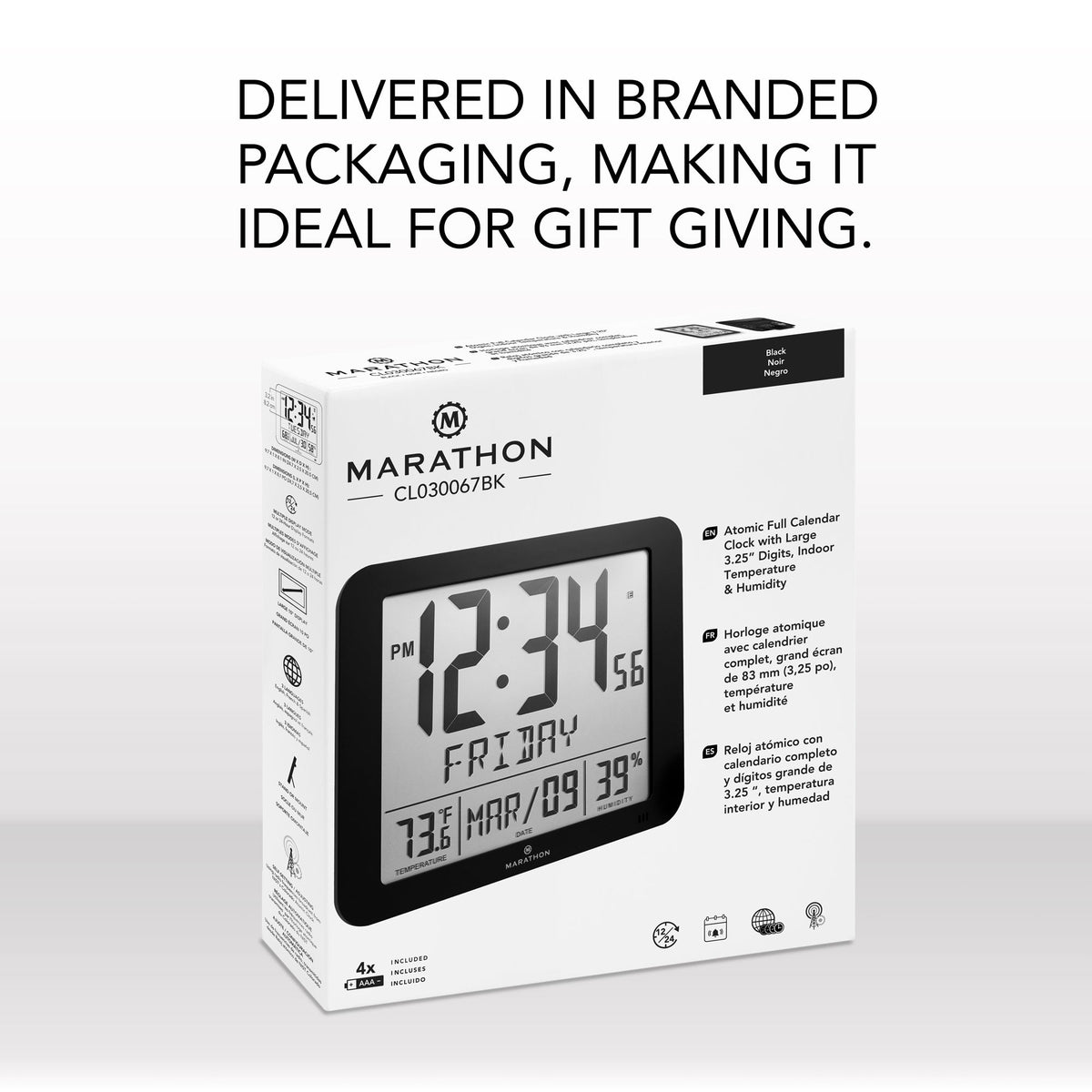 Marathon Slim Self-Setting Wall Clock with Full Calendar Display, Temperature & Humidity