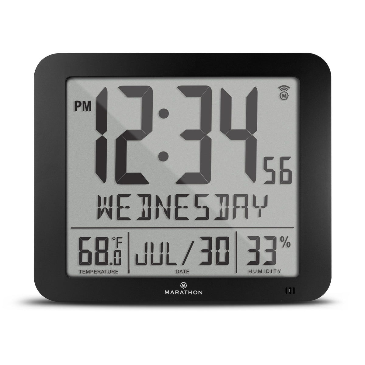 Marathon Slim Self-Setting Wall Clock with Full Calendar Display, Temperature & Humidity