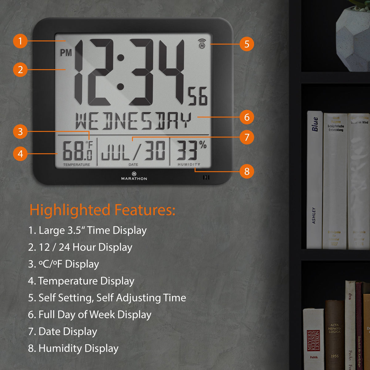 Marathon Slim Self-Setting Wall Clock with Full Calendar Display, Temperature & Humidity