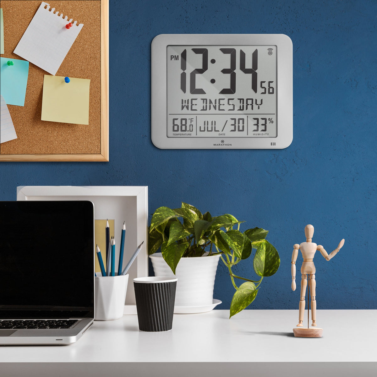 Marathon Slim Self-Setting Wall Clock with Full Calendar Display, Temperature & Humidity