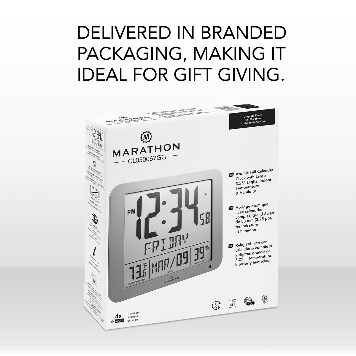 Marathon Slim Self-Setting Wall Clock with Full Calendar Display, Temperature & Humidity