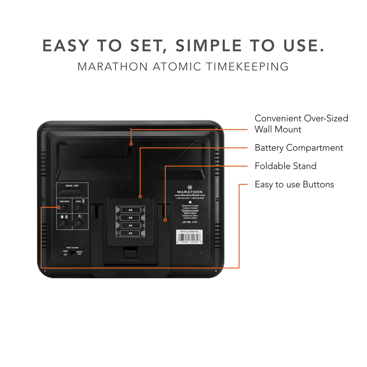 Marathon Slim Self-Setting Wall Clock with Full Calendar Display, Temperature & Humidity