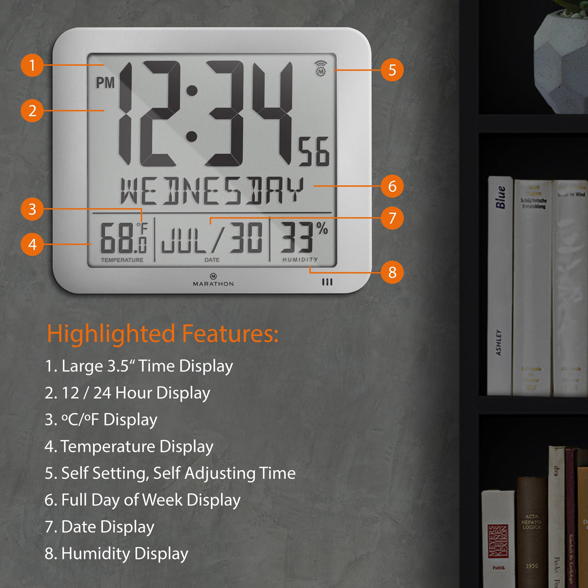 Marathon Slim Self-Setting Wall Clock with Full Calendar Display, Temperature & Humidity