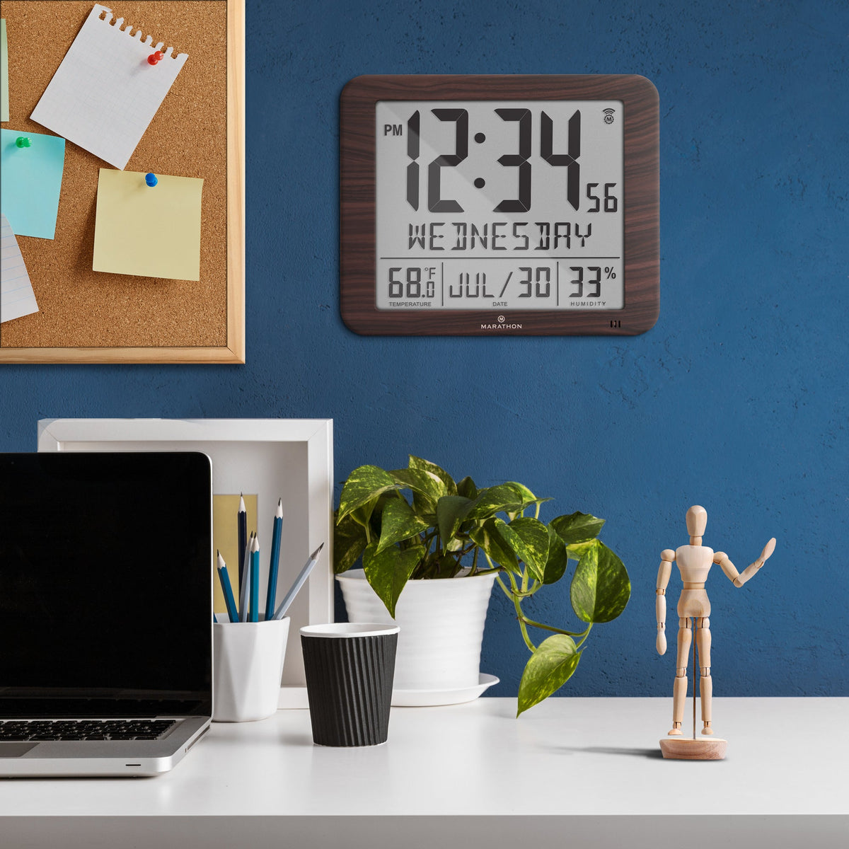 Marathon Slim Self-Setting Wall Clock with Full Calendar Display, Temperature & Humidity