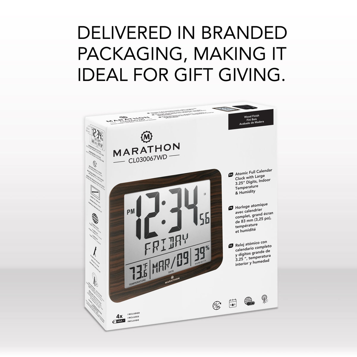 Marathon Slim Self-Setting Wall Clock with Full Calendar Display, Temperature & Humidity