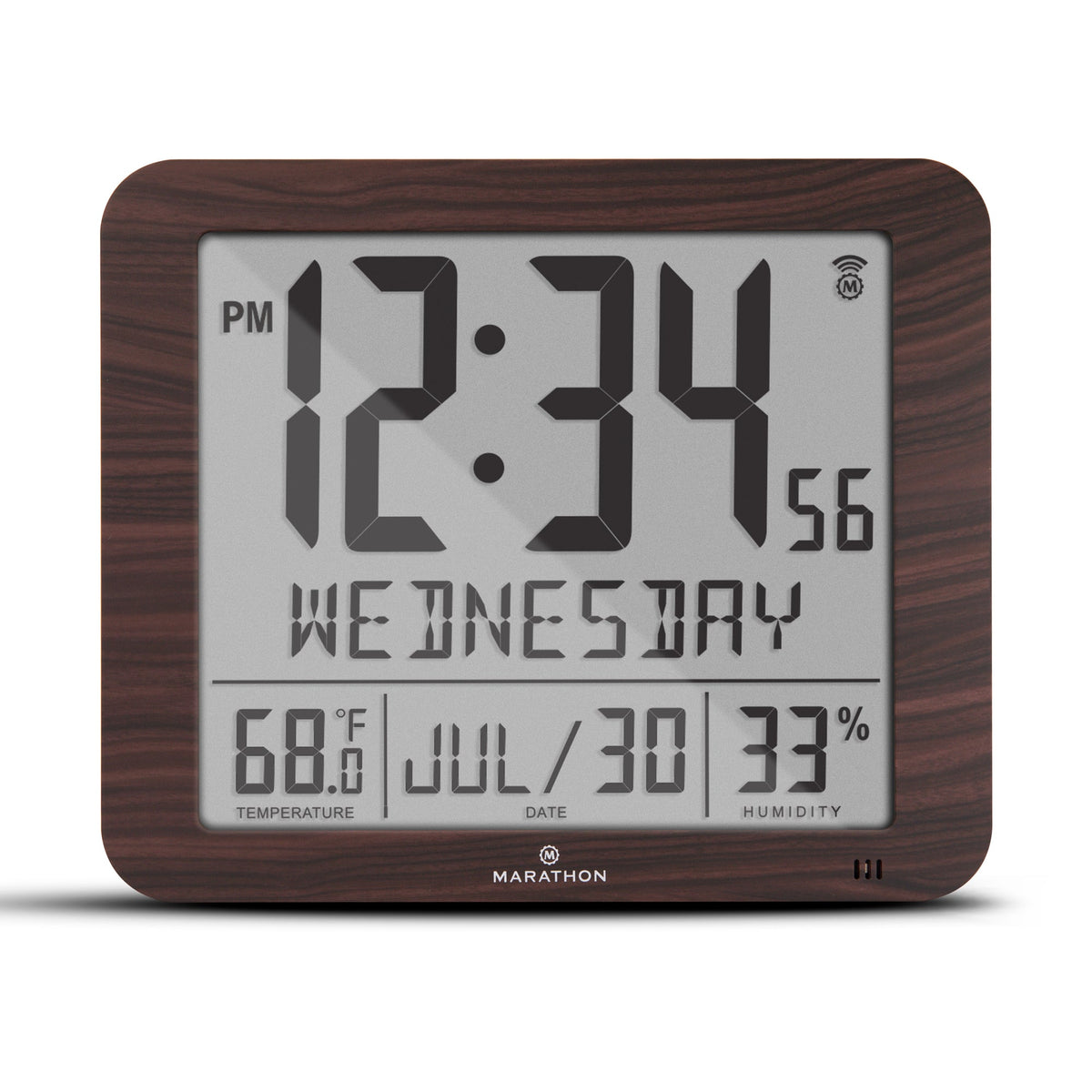 Marathon Slim Self-Setting Wall Clock with Full Calendar Display, Temperature & Humidity