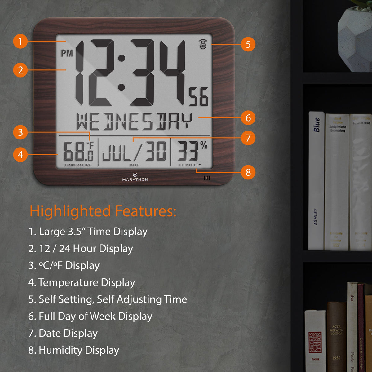 Marathon Slim Self-Setting Wall Clock with Full Calendar Display, Temperature & Humidity
