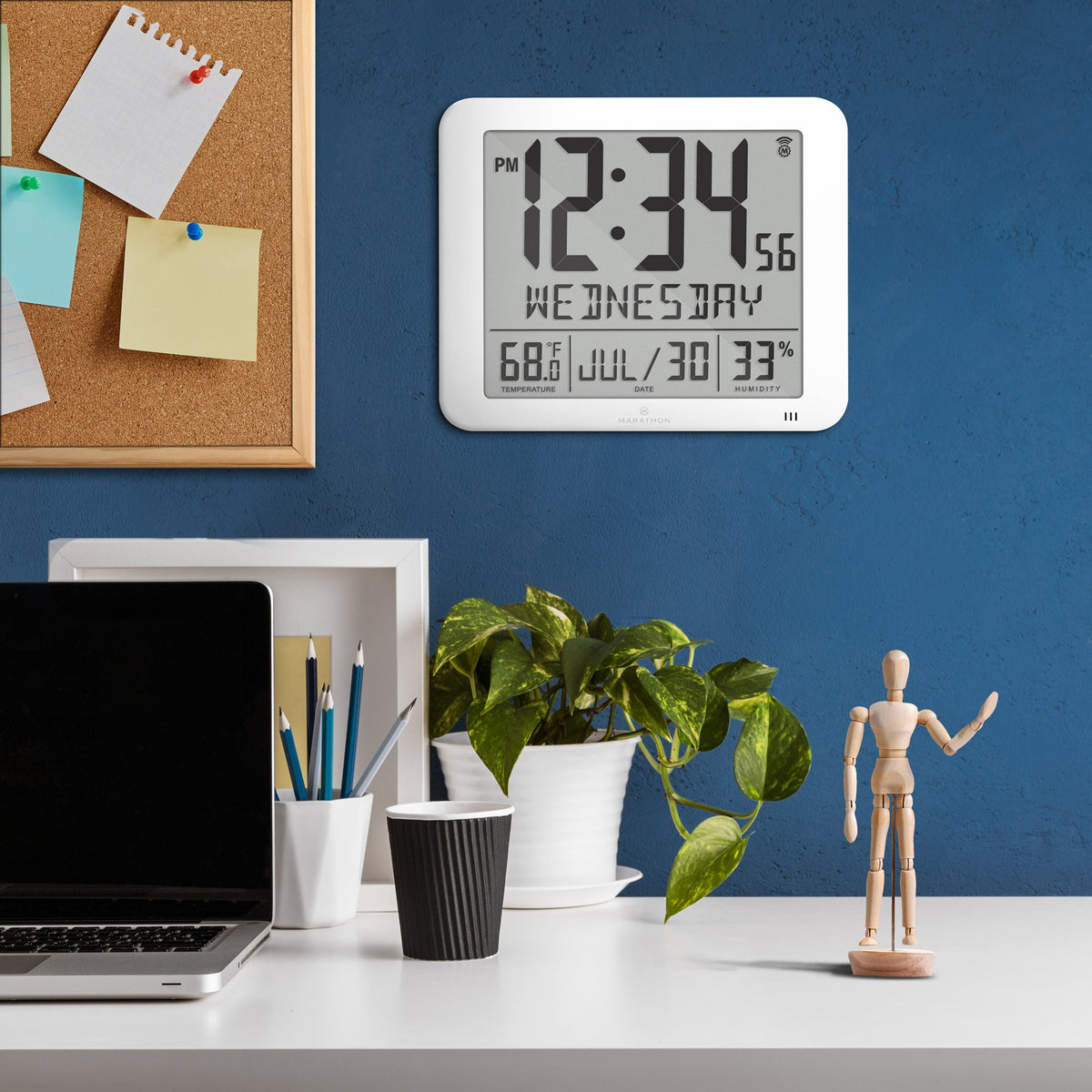 Marathon Slim Self-Setting Wall Clock with Full Calendar Display, Temperature & Humidity